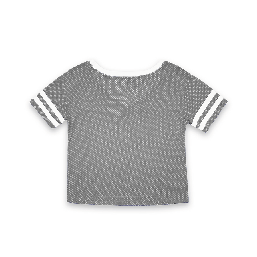 WOMENS SHORT SLEEVE CROP MESH FOOTBALL JERSEY T-SHIRT WITH CONTRAST TAPING - GRAY/WHITE